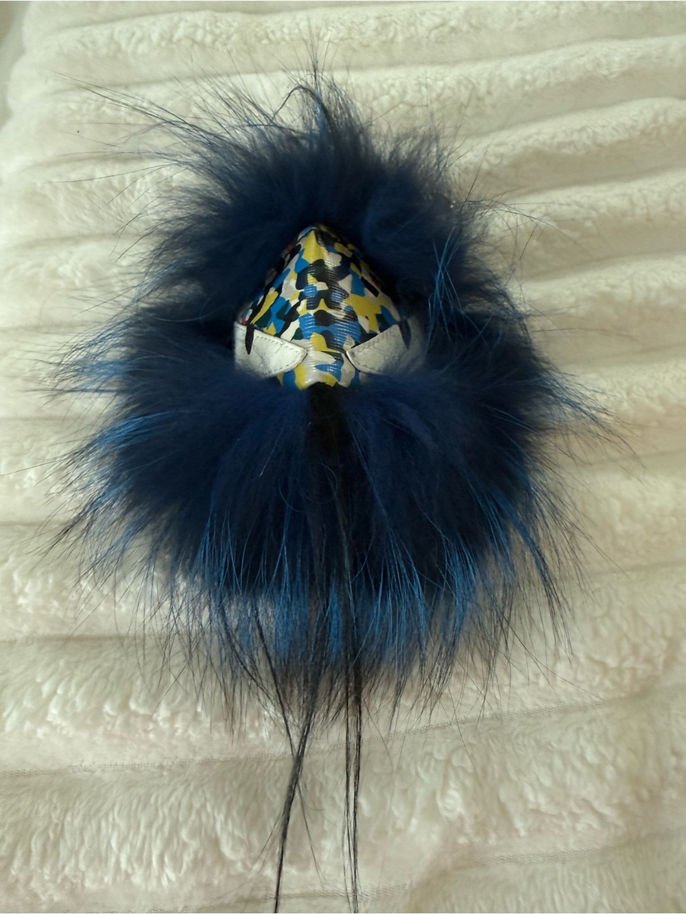 Fendi Dark Blue Faux Fur Pom with Multicolor Patterned Center